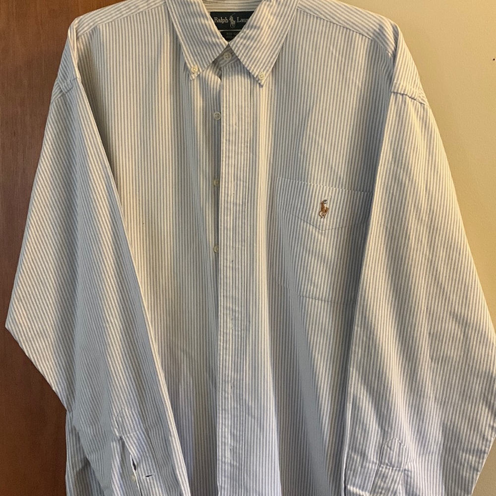 Men’s RL big shirt, blue pinstripe, preowned, L, 27” chest, 33” length